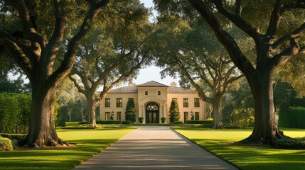 A luxurious home entrance framed by two towering shade trees.
