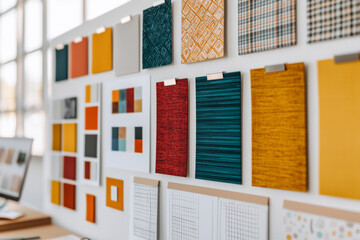 Creative workspace design. Colorful mood boards showcasing various design patterns and textures