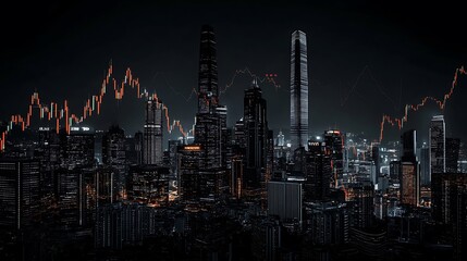 Fototapeta premium Nighttime Cityscape with Dynamic Stock Market Graph Overlay AI Generated