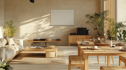 A minimalist dining room with a projector set up for a casual movie night.