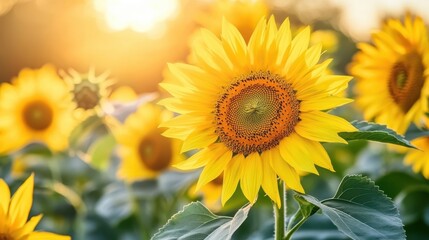 Obraz premium A vibrant sunflower stands tall at the center of a sprawling field, surrounded by lush greenery and bright blue skies.