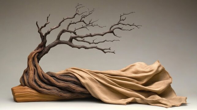 A misted bare root tree wrapped in damp cloth for preservation.