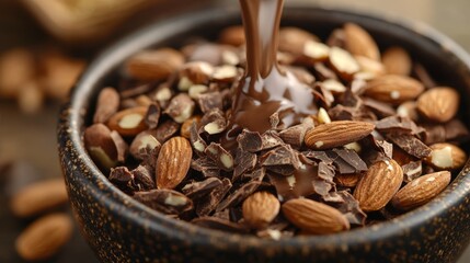 Fototapeta premium Chocolate flows luxuriously over crunchy almonds in a rustic bowl during a cozy cooking session
