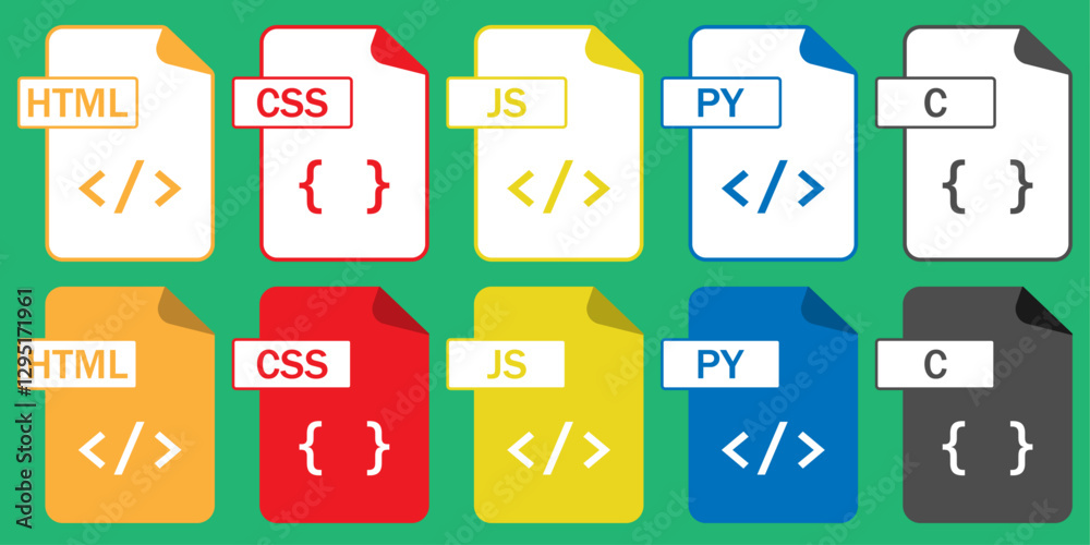 Poster collection of programming file format icons (html, css, js, py, c) in outline and color styles. perf