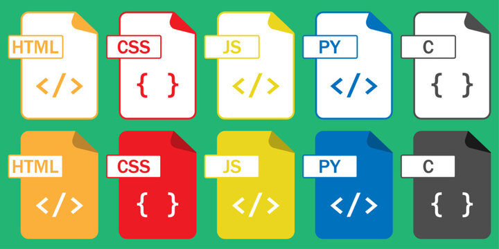 Collection of programming file format icons (HTML, CSS, JS, PY, C) in outline and color styles. Perfect for coding, web design, and development projects.
