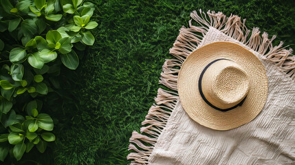 straw hat rests on fringed blanket laid on lush green grass, next to vibrant green leaves