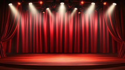 Closed red curtain on a theater stage illuminated by spotlight during performance preparations