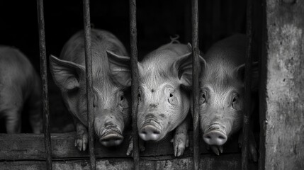Closer look at a group of pigs in a farm barn highlighting animal welfare and living conditions