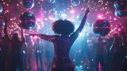 A graceful woman in a sparkling bodysuit dances exuberantly surrounded by shimmering disco balls, capturing the essence of vibrant nightlife.