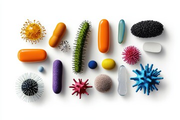A vibrant collection of abstract shapes representing microbes, bacteria, and microorganisms in various colors and forms.