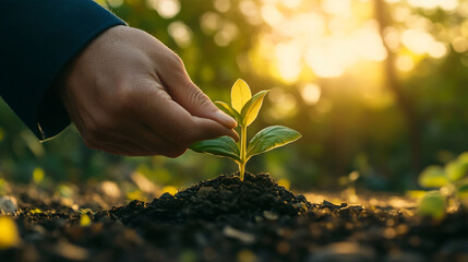 Fototapeta premium Nurturing new life in a vibrant garden at sunset, a moment of hope and growth captured in nature's embrace