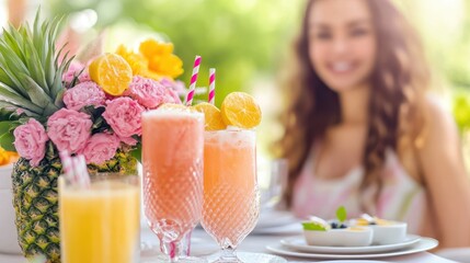 A woman relaxes at a table, enjoying a refreshing drink alongside a vibrant pineapple, creating a tropical and inviting atmosphere.
