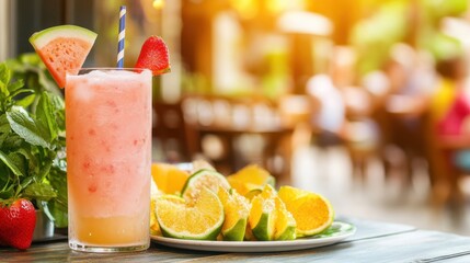 A refreshing glass of fruit juice sits on a table alongside a colorful plate filled with assorted fruits, inviting a healthy treat.