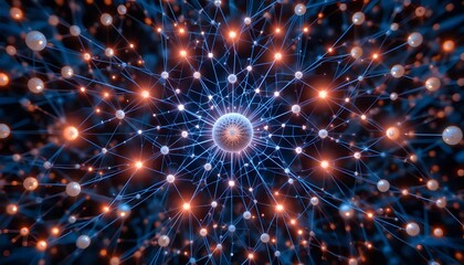 Complex Network of Interconnected Nodes with Glowing Light and Abstract Design