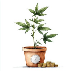 A vibrant cannabis plant grows in a clay pot with coins, symbolizing potential profit and investment in the weed industry.