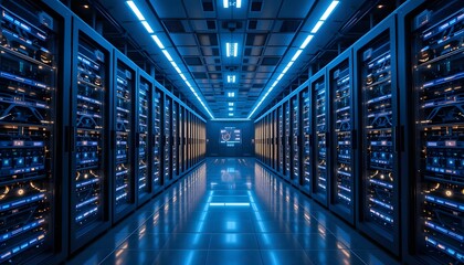 Data Center Server Room with Blue Lights and Modern Technology