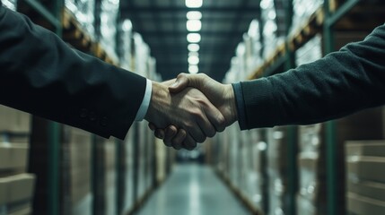 Close-up handshake between manager and worker in a warehouse during a business collaboration in a modern logistics facility