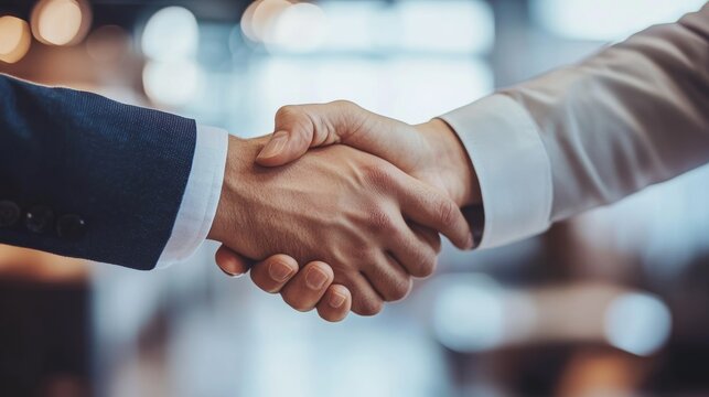 Business collaboration evident in close-up handshake between manager and worker in warehouse environment