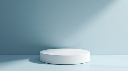 Clean Minimalist White Round Product Display Podium Against a Light Blue Wall with Shadows

