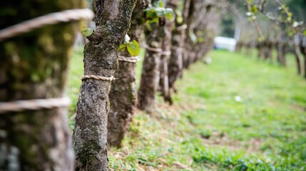 Obraz premium A row of transplanted trees supported by stakes and ropes for stability.