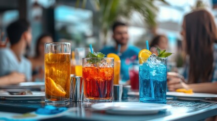 A variety of colorful beverages are arranged on a table, surrounded by people enjoying social interaction and conversation.