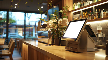 Contemporary and Chic Cafe Bar Interior with Touchscreen Point of Sale Terminal Shelves of Alcoholic Beverages and Comfortable Seating for Dining and Drinking Experience