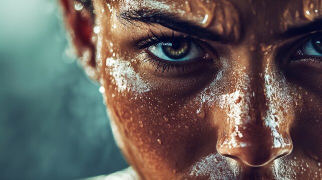 Close-up of a fierce female athlete focused on victory, intensely showing raw emotion and dedication after an intense training session