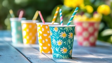 Naklejka premium Vibrant paper cups adorned with straws and flowers are arranged on a table, creating a cheerful and festive atmosphere.