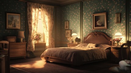Obraz premium A serene bedroom with a large bed, soft lighting, and a neatly arranged storage space.