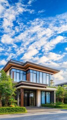 Luxurious modern home entrance blending elegance with nature, showcasing timeless architectural beauty.
