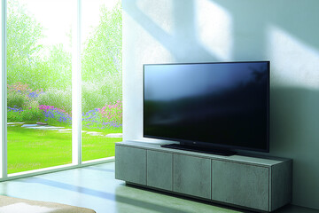 Fototapeta premium Modern Living Room with Flat Screen TV and Garden View