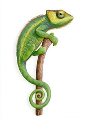 Obraz premium A vibrant chameleon perched on a branch, showcasing its striking green colors and unique features in a whimsical illustration.