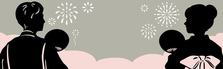 Obraz premium バナー フレーム シルエット 浴衣 男性 女性 手描き 夏 花火 フレーム 背景 デザイン