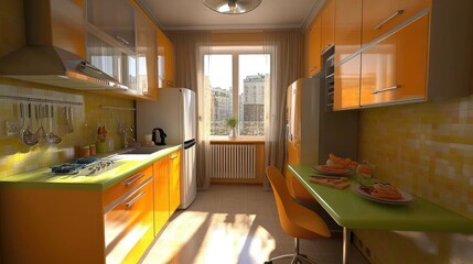 A small urban kitchen with bright colors and space-saving appliances.