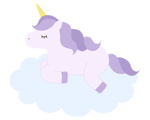 雲に乗ったかわいいユニコーンのベクターイラスト。馬、角、動物、ドリーミー