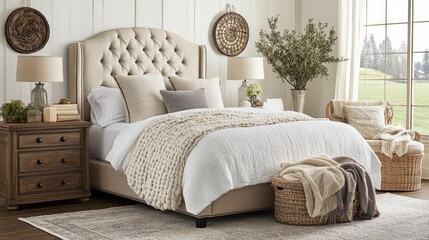 A sophisticated bedroom featuring a plush upholstered bed and neatly designed storage.