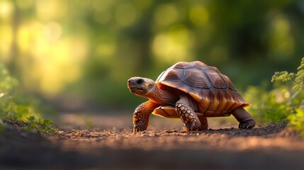 A tortoise walking along a sunlit forest path surrounded by lush greenery and soft bokeh