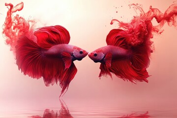 Fototapeta premium Two red fighting fish facing each other above the water