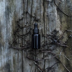 Dark Glass Bottle Essential Oil on Rustic Wood
