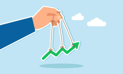A hand moves a line chart using strings tied to its fingers, illustration of a trigger to boost business performance, profit, and revenue
