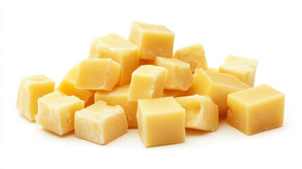 A pile of yellow cheese cubes on white background