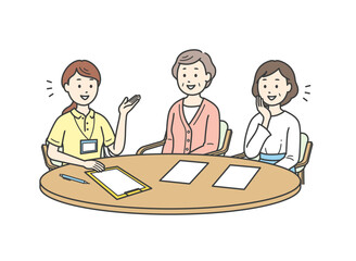 ケアマネから説明を受ける女性とおばあさんのイラスト
