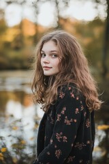 Naklejka premium Young girl with long hair stands by serene lake in forest during golden hour, capturing the tranquil beauty of nature