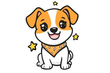 Happy cartoon puppy, bandana, stars, white background, kids' illustration
