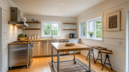 A tiny kitchen with a rolling island for extra counter space.