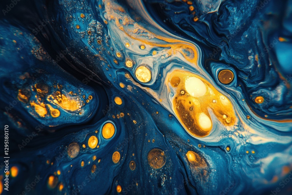 Poster glowing gas bubbles rise in unique patterns underwater in vibrant blue and gold hues. generative ai