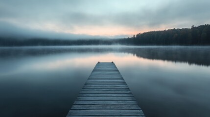 Naklejka premium A serene lake at sunrise. a wooden dock