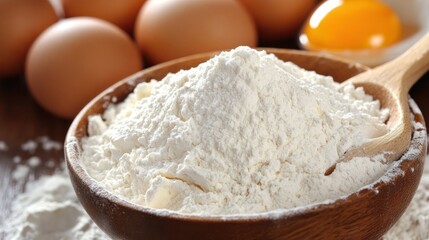 Wooden bowl of flour, eggs, and yolk; baking ingredients