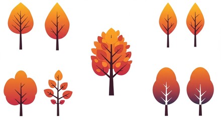 Autumn Tree Illustration Set with Vibrant Fall Colors Featuring Leaf Patterns
