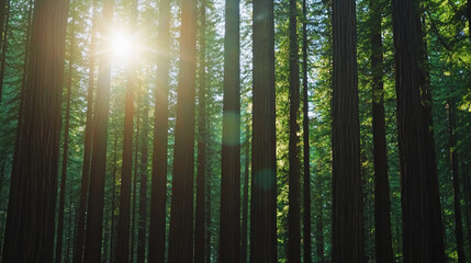 Sunbeams stream through tall trees, filling forest with awe and wonder